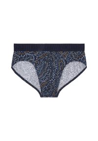 Marineblauwe damesonderbroek met een bloemmotief in verschillende tinten blauw en oranje. Zacht stof en een brede merkband.