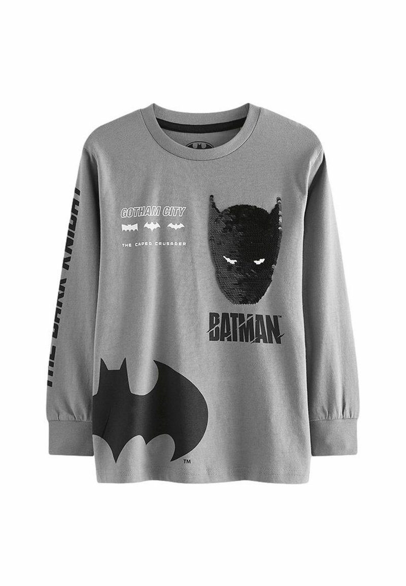 Graues Langarm-T-Shirt mit Batman-Grafiken, darunter eine mit Pailletten verzierten Batman-Maske, ein großes schwarzes Fledermaus-Logo und den Text: "Gotham City," "Der maskierte Rächer."