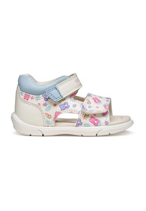 Sandalo bianco per bambino piccolo con tallone imbottito blu, cinturini regolabili e motivi colorati di orsi e stelle ovunque.