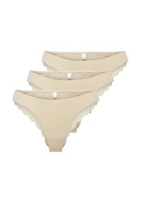 Set van drie beige dames naadloze bikini slips met kanten rand, gestapeld met een gladde stof aan de voorkant en golvende randen.