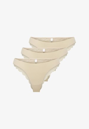 Trijų smėlio spalvos moteriškų siūlų briaunų be siūlų kelnaičių rinkinys, su lygiu audiniu priekyje ir bangelėmis aplink kraštus.