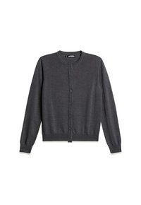 Grå cardigan i mjukt material med rund halsringning, långa ärmar, knappstängning fram och ribbade ärmslut och nederkant.