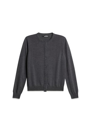 Grå cardigan i mjukt material med rund halsringning, långa ärmar, knappstängning fram och ribbade ärmslut och nederkant.