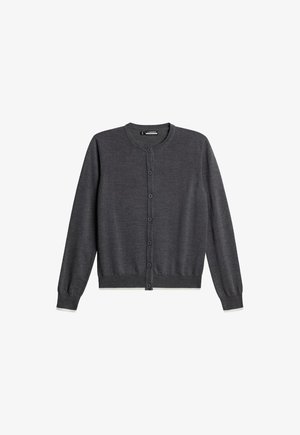 Grå cardigan lavet af blødt materiale, med rund halsudskæring, lange ærmer, knaplukning fortil og ribbede manchetter og kant.