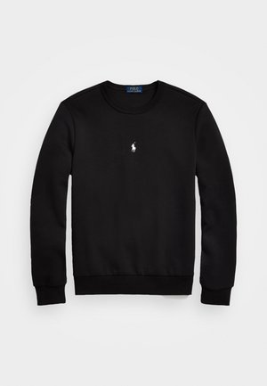 Schwarzes Sweatshirt mit langen Ärmeln und Rundhalsausschnitt mit kleinem weißem Polo Ralph Lauren Pferdelogo in der Mitte der Brust.