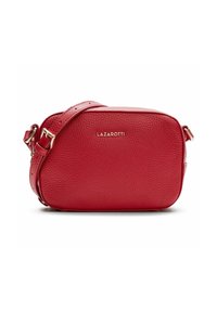 Borsa a tracolla rossa in pelle con finitura testurizzata, forma rettangolare e tracolla regolabile. Logo dorato sul davanti.