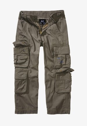 Pantalon cargo marron avec plusieurs poches, boutons et fermetures éclair, présenté à plat avec la fermeture éclair avant partiellement ouverte.