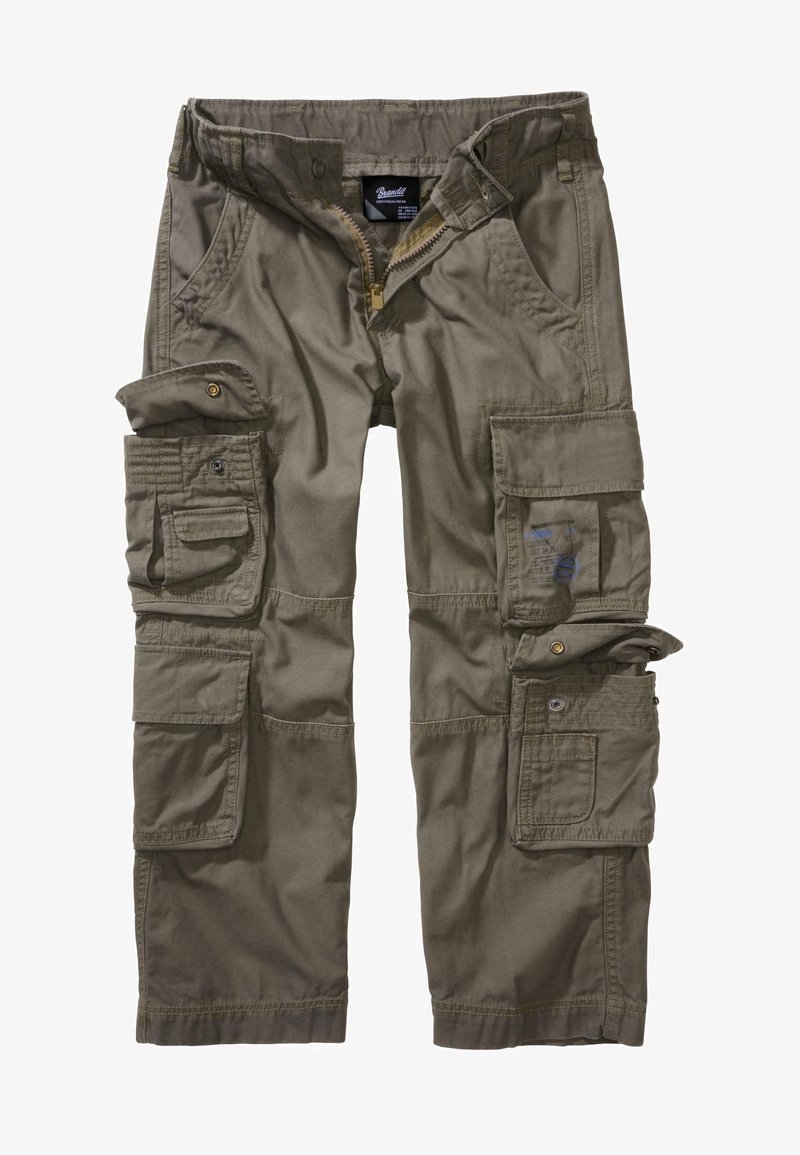 Pantalon cargo marron avec plusieurs poches, boutons et fermetures éclair, présenté à plat avec la fermeture éclair avant partiellement ouverte.