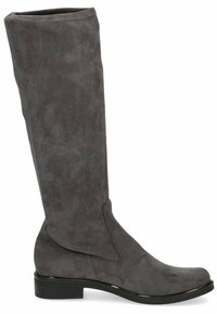 Bota gris de ante hasta la rodilla con punta redonda y pequeño tacón cuadrado. Presenta una textura suave y detalles de costura a lo largo de la parte superior.