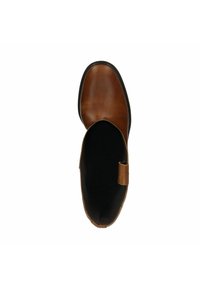 Brown leather slip-on shoe with a rounded toe, textured surface, and a small buckle detail on the side, featuring a black interior.