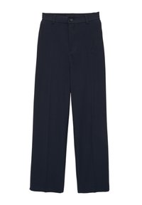 Pantalons large bleu marine en tissu lisse, dotés d'une fermeture à bouton à la taille et de passants de ceinture, avec un design épuré et sans ornements.