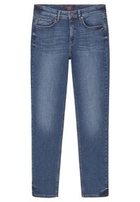 Jeans ajustados azules con bolsillos delanteros, pasadores para cinturón y cierre de botón, con un ligero desvanecimiento en los muslos y las rodillas.