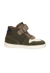 Hoge sneaker in olijfgroen leer met beige suède accenten. Voorzien van een klittenbandsluiting, ronde neus en gestructureerde rubberen zool.