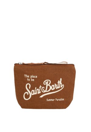 Saccotto di stoffa marrone con cerniera con testo bianco: "The place to be Saint Barth Summer Paradise."