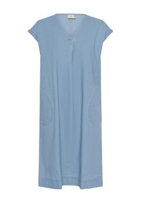 Robe bleu clair longueur genoux en tissu doux, avec un décolleté en V, des manches courtes, deux poches latérales arrondies et des coutures décoratives.