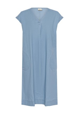 Abito blu chiaro al ginocchio realizzato in tessuto morbido, con scollatura a V, maniche a palloncino, due tasche laterali arrotondate e dettagli di cucitura.