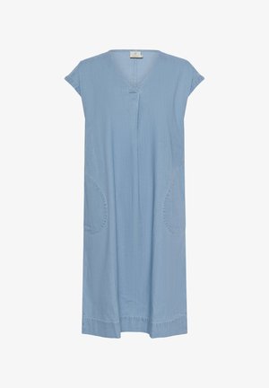 Abito blu chiaro al ginocchio realizzato in tessuto morbido, con scollatura a V, maniche a palloncino, due tasche laterali arrotondate e dettagli di cucitura.