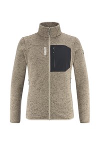 Veste en polaire brun clair avec un tissu texturé, col haut, fermeture éclair intégrale et une poche poitrine noire. Comprend des poches zippées sur les côtés.