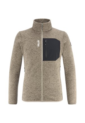 Fleecejacke in Hellbraun mit strukturiertem Stoff, hohem Kragen, durchgehendem Reißverschluss und einer schwarzen Brusttasche. Mit seitlichen Reißverschlusstaschen.