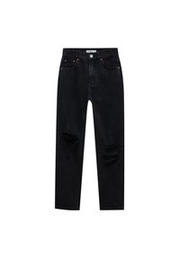 Black denim jeans with distressed rips on both knees, high waist, five pockets, and contrasting stitching. Includes a button and zipper closure.