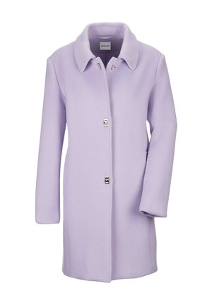 Lila wollen jas met een colletje, zijzakken en knoopsluitingen in zilvertint. Gladde textuur met een gestructureerd, recht gesneden ontwerp.
