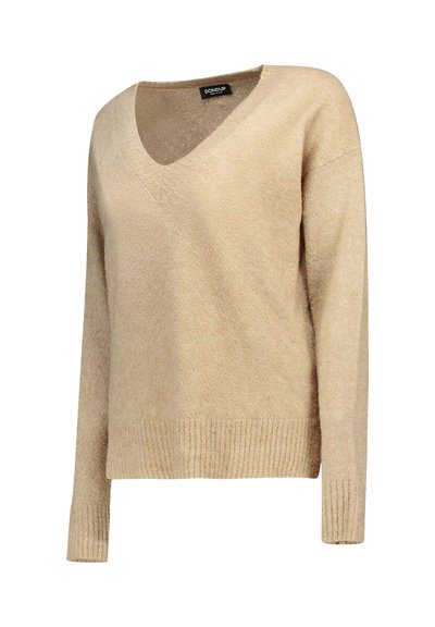 Maglione beige lavorato a maglia con scollatura a V, maniche lunghe e orlo a coste. Texture morbida con un design dalle linee morbide, ideale per essere indossato a strati.