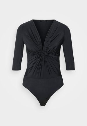 Bodysuit noir à manches trois-quarts, avec un décolleté en V profond et un détail froncé à l'avant. Fabriqué en tissu lisse et extensible.