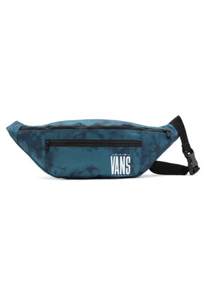 Niebieska torba na pas Vans tie-dye z dwoma kieszeniami na suwak i regulowanym czarnym paskiem z klamrą.