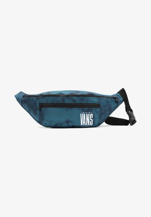 Niebieska torba na pas Vans tie-dye z dwoma kieszeniami na suwak i regulowanym czarnym paskiem z klamrą.