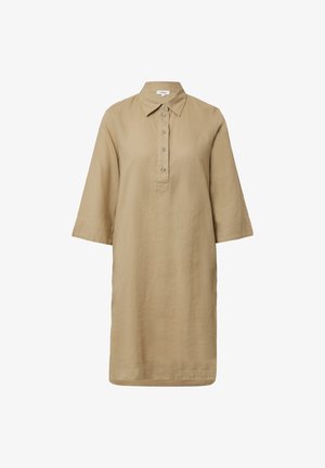 Abito in lino beige con colletto, patta abbottonata e maniche a tre quarti. Texture liscia e silhouette dritta.