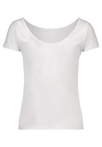 T-shirt bianca a maniche corte con scollo rotondo, realizzata in morbido cotone, caratterizzata da un design semplice e pulito senza motivi.