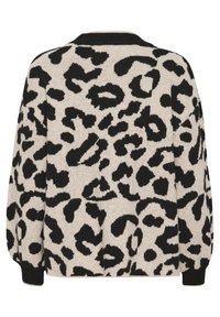 Cardigan in stampa leopardata in misto lana beige e nero, con polsini e orlo a costine, vestibilità oversize e superficie testurizzata.