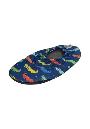 Blue children's water shoe with elastic opening, colorful cartoon crocodile pattern, and black sole.