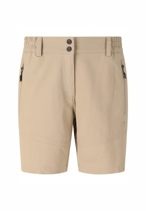 Beiget polvipituiset shortsit joustavalla vyötärönauhalla, kaksi etutaskua vetoketjulla, kaksinkertainen nappikiinnitys ja tikatut sauma-yksityiskohdat.