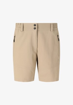 Beiget polvipituiset shortsit joustavalla vyötärönauhalla, kaksi etutaskua vetoketjulla, kaksinkertainen nappikiinnitys ja tikatut sauma-yksityiskohdat.