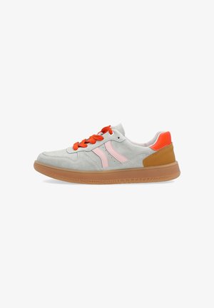 Light gray suede sneaker with pink side stripes, orange laces, brown sole, and orange back heel detail, shown from the left side.