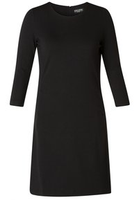 Zwart knielang jurkje met een ronde halslijn en driekwart mouwen. Gemaakt van een gladde stof, met een discrete rits aan de achterkant.