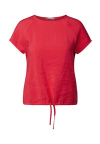 Haut court rouge à manches courtes avec un col rond, ourlet à cordon de serrage et tissu doux et texturé. Coupe décontractée avec une silhouette ample.