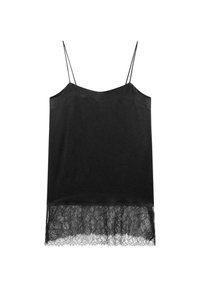 Camisola nera con spalline sottili, realizzata in un tessuto texturizzato e con dettaglio in pizzo sull'orlo. Finitura liscia sulla parte superiore, motivo in pizzo intricato nella parte inferiore.