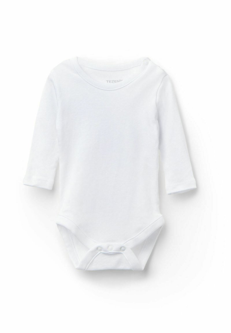 Bílý dlouhý rukáv body vyrobené z měkké bavlny. Obsahuje kulatý výstřih, zapínání na patentky v rozkroku a hladkou texturu bez vzorů.