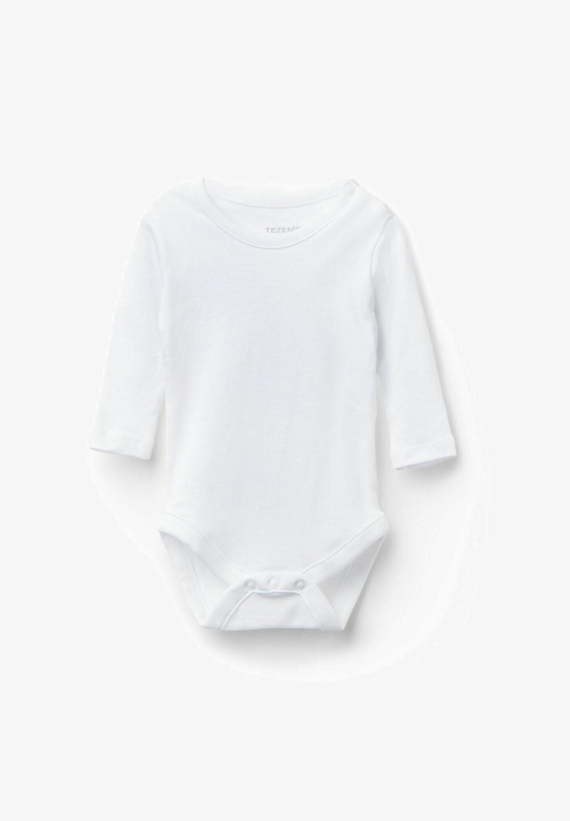 Bodysuit blanc à manches longues en coton doux. Présente un col rond, une fermeture à pression à l'entrejambe et une texture lisse sans motifs.