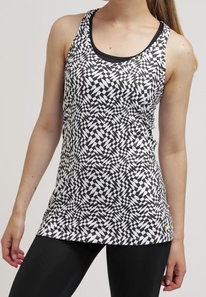 Zwarte en witte tanktop met een patroon, met een getailleerd ontwerp, voorzien van een ronde halslijn en dunne spaghetti bandjes. Gemaakt van lichte, stretchy stof.
