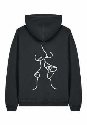 Hoodie noir avec un art linéaire abstrait blanc représentant deux visages s'embrassant au dos, avec une capuche et des poignets et un ourlet côtelés.