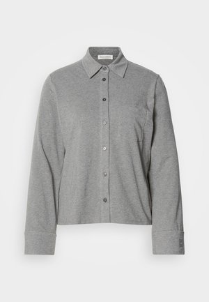 Gray button-up shirt made of soft fabric, featuring a collar, long sleeves, a chest pocket, and a buttoned cuff with logo detail.