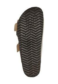 Suola in gomma marrone con un motivo a zigzag e fori di drenaggio, dotata di cinturini beige sui lati per una vestibilità sicura.
