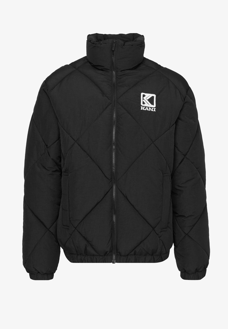 Black quilted puffer jacket with high collar, front zipper, elastic cuffs, and hem. Features a white logo on the left chest. Soft texture.