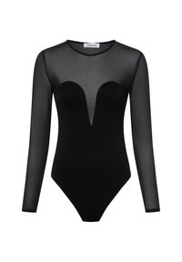 Black bodysuit featuring a sheer long-sleeve design, deep V-neck cut, and smooth fabric with a fitted shape for a structured silhouette.