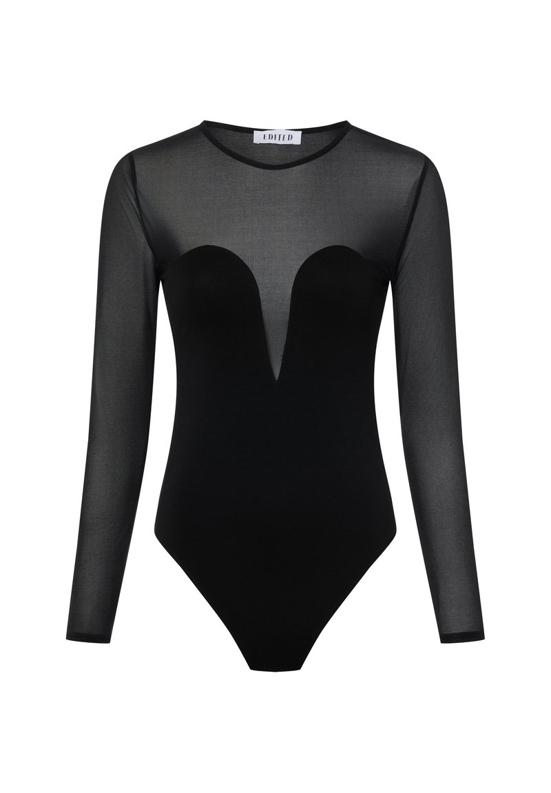Black bodysuit featuring a sheer long-sleeve design, deep V-neck cut, and smooth fabric with a fitted shape for a structured silhouette.