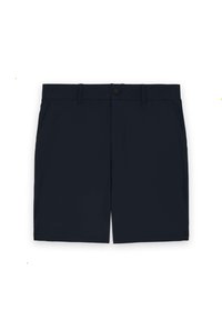 Marineblaue Shorts aus leichtem Stoff, mit einem Knopfverschluss, seitlichen Taschen und einem geraden Schnitt mit glatter Oberfläche.