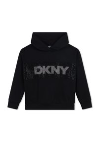Felpa nera con cappuccio realizzata in morbido tessuto, caratterizzata da un grande logo DKNY impreziosito da scintillanti strass sul petto e una tasca a marsupio frontale.